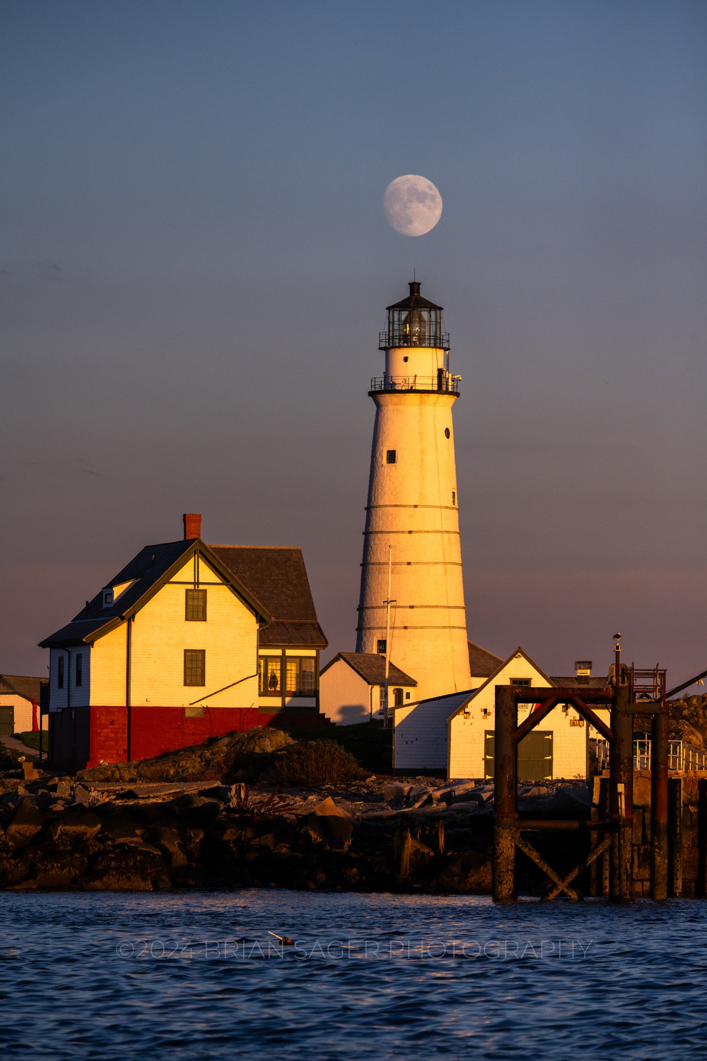 Nautical fine art metal print of Boston Light lighthouse at moonrise by Brian Sager