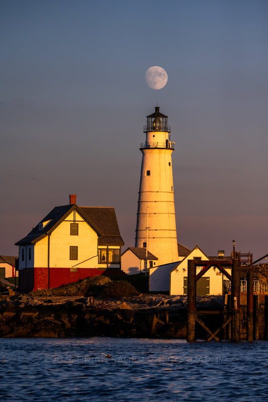 Nautical fine art metal print of Boston Light lighthouse at moonrise by Brian Sager